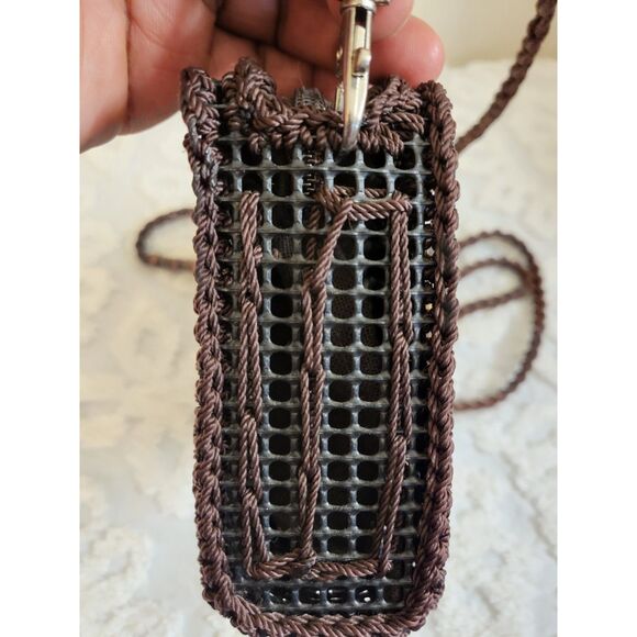 Handmade Brown Crochet Coconut Shell Beaded Flower Small Crossbody Bag Resort - Picture 6 of 7